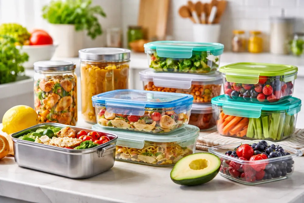 Скляні, пластикові та металеві харчові контейнери з готовими стравами та овочами на кухонному столі