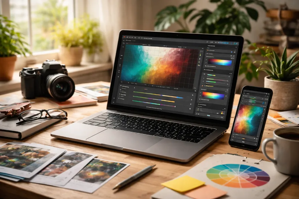 Ноутбук і смартфон з відкритими фоторедакторами на робочому столі біля вікна при денному світлі