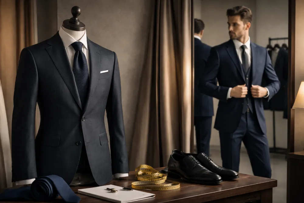 Примірка чоловічого костюма перед дзеркалом з краваткою, туфлями та сантиметровою стрічкою в ательє