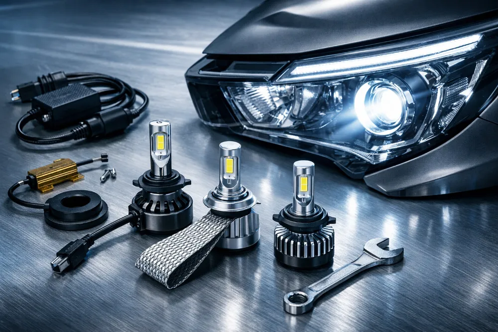 LED лампи для автомобіля поруч із сучасною автофарою на металевому фоні, приклад вибору освітлення для авто