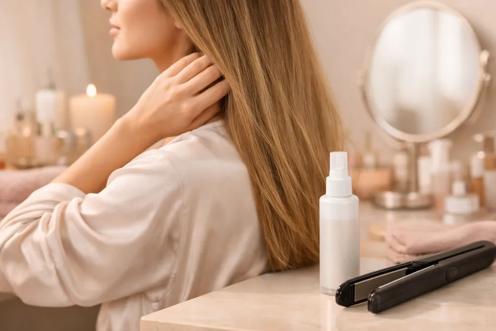 Підготовка волосся до укладки: термозахист на туалетному столику поруч із феном та праскою