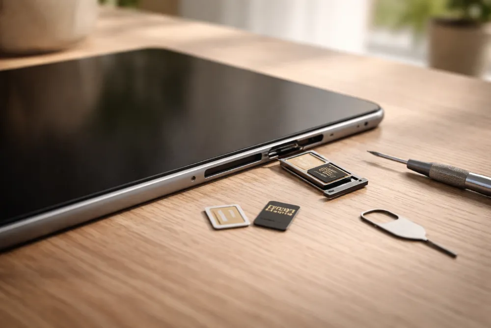 Планшет на столі з відкритим слотом SIM та SD-карти, поруч інструменти і карти для перевірки