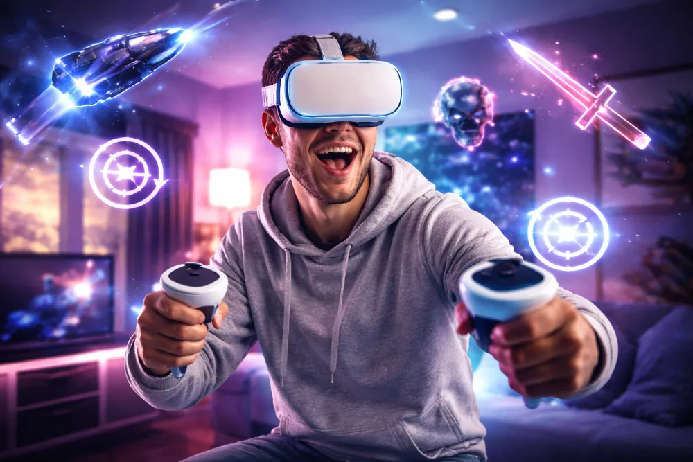 Людина у VR-окулярах з контролерами грає у віртуальну реальність у сучасній геймерській кімнаті