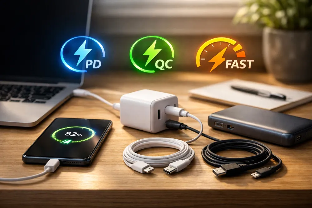 Смартфон на столі під час швидкої зарядки з кабелями та іконками PD, QC і Fast Charge