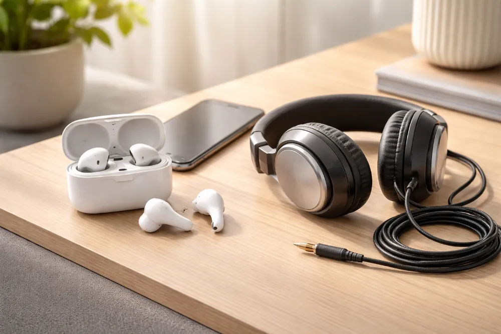 Порівняння бездротових і дротових навушників на столі зі смартфоном у світлій lifestyle-сцені