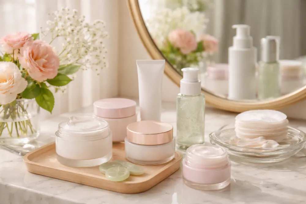 Світлий туалетний столик із кремами для обличчя, дзеркалом, квітами та ватними дисками при денному світлі
