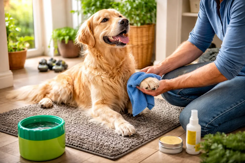 Власник протирає лапи собаки рушником після прогулянки з використанням засобів для догляду