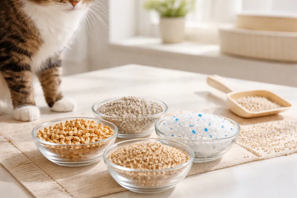 Деревний, глиняний і силікагелевий наповнювачі в мисках на світлому столі поряд із лапами кота