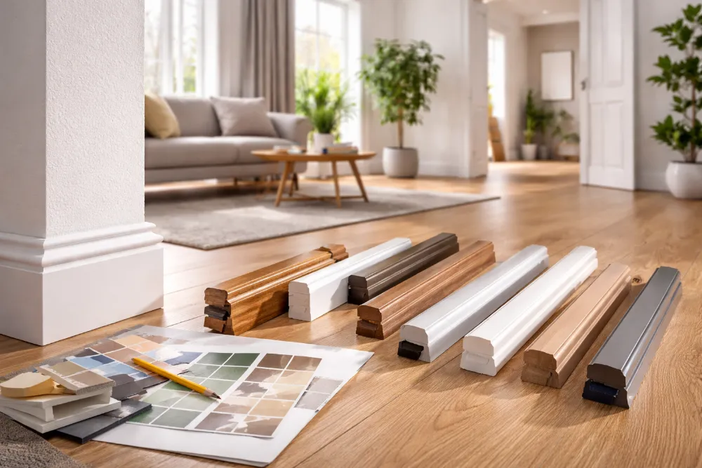 Приклад поєднання плінтусів різних кольорів і матеріалів з підлогою в світлому сучасному інтер’єрі