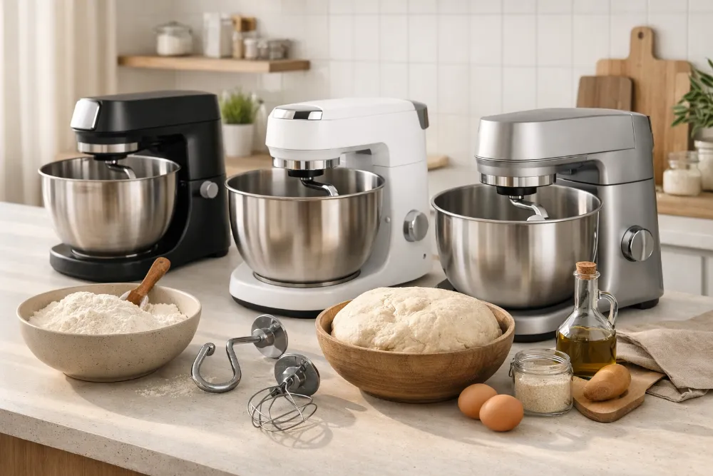Кілька кухонних комбайнів з тістомісом на світлому столі поруч із борошном та тістом у сучасній кухні
