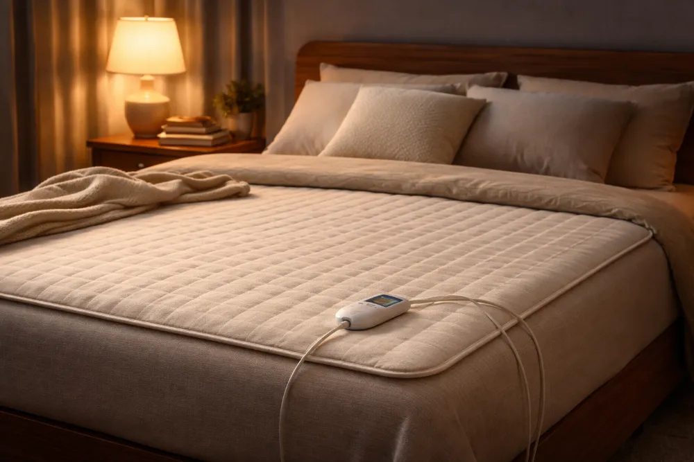 Електропростирадло на ліжку в затишній нічній спальні з м’яким теплим освітленням і контролером температури