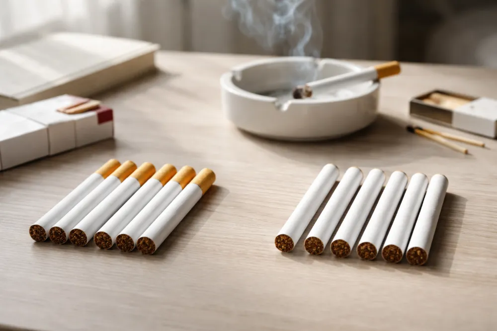 Сигарети з фільтром і без на столі: візуальне порівняння Сигарети з фільтром і без, акуратно розкладені на столі при природному боковому світлі, спокійна сцена вибору