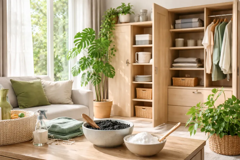Нові меблі з ДСП біля відчиненого вікна, кімнатні рослини та вугілля для зменшення запаху формальдегіду