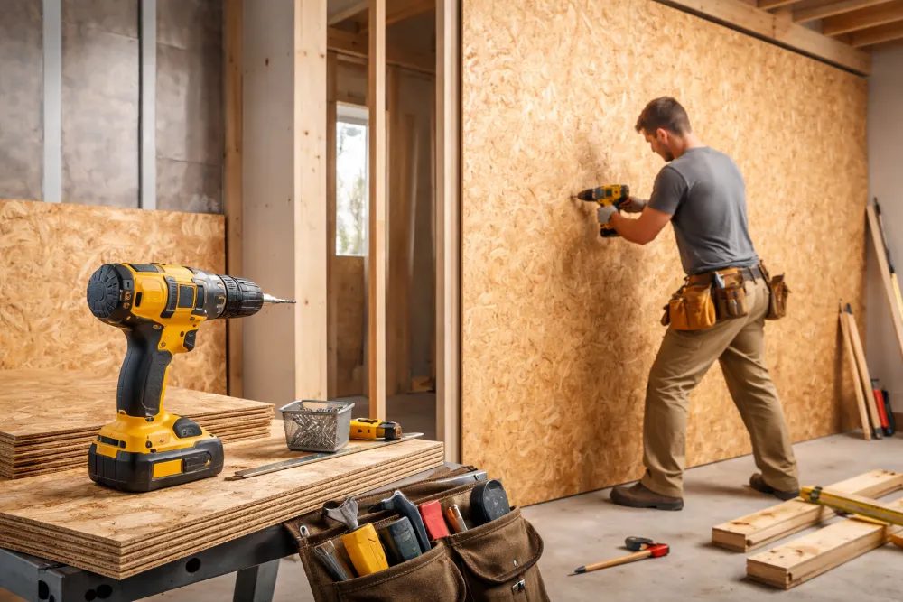 Процес кріплення OSB плити до стіни на дерев’яну обрешітку за допомогою шуруповерта та саморізів