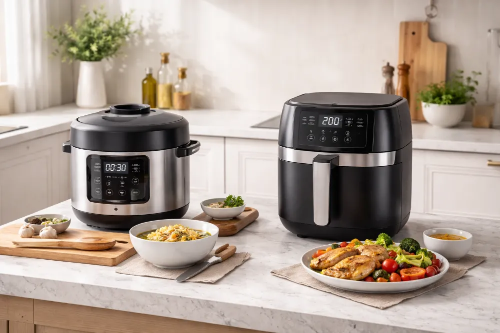 Мультиварка і аерогриль на світлому кухонному острові з готовими стравами для порівняння