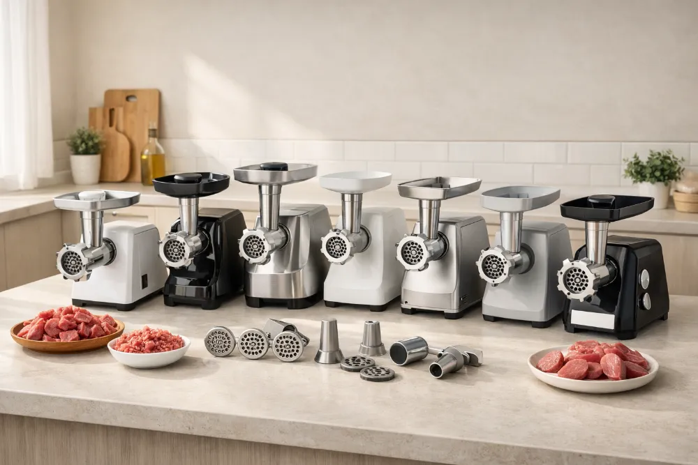 Топ-7 сучасних м’ясорубок на світлій кухні для порівняння характеристик Сім сучасних електричних м’ясорубок на світлому кухонному столі з насадками та підготовленим м’ясом