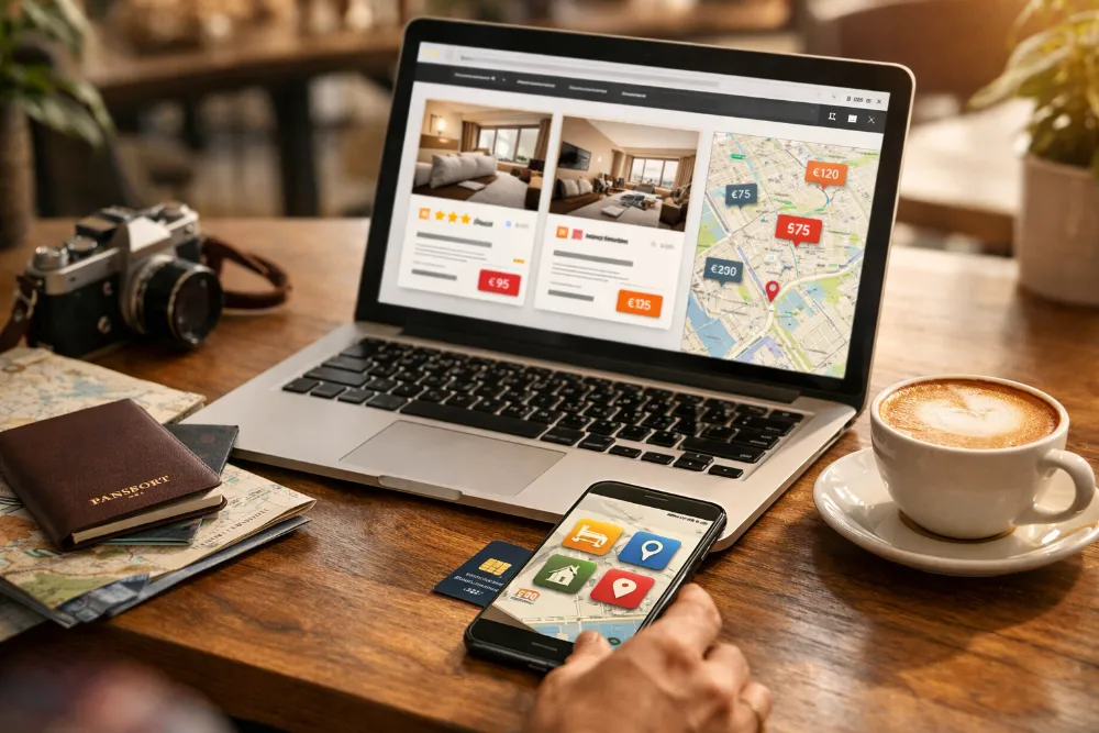 Мандрівник планує подорож за ноутбуком і смартфоном у кав’ярні Світла сцена з ноутбуком, смартфоном, картами, паспортом і кавою для пошуку житла у подорожі