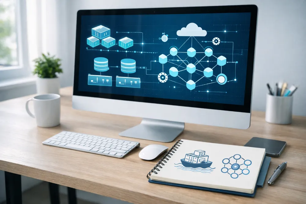 Сучасний робочий стіл із моноблоком та схемою контейнерів і кластерів Моноблок із абстрактним інтерфейсом Docker і Kubernetes, планшет із схематичними іконками, світла мінімалістична робоча сцена