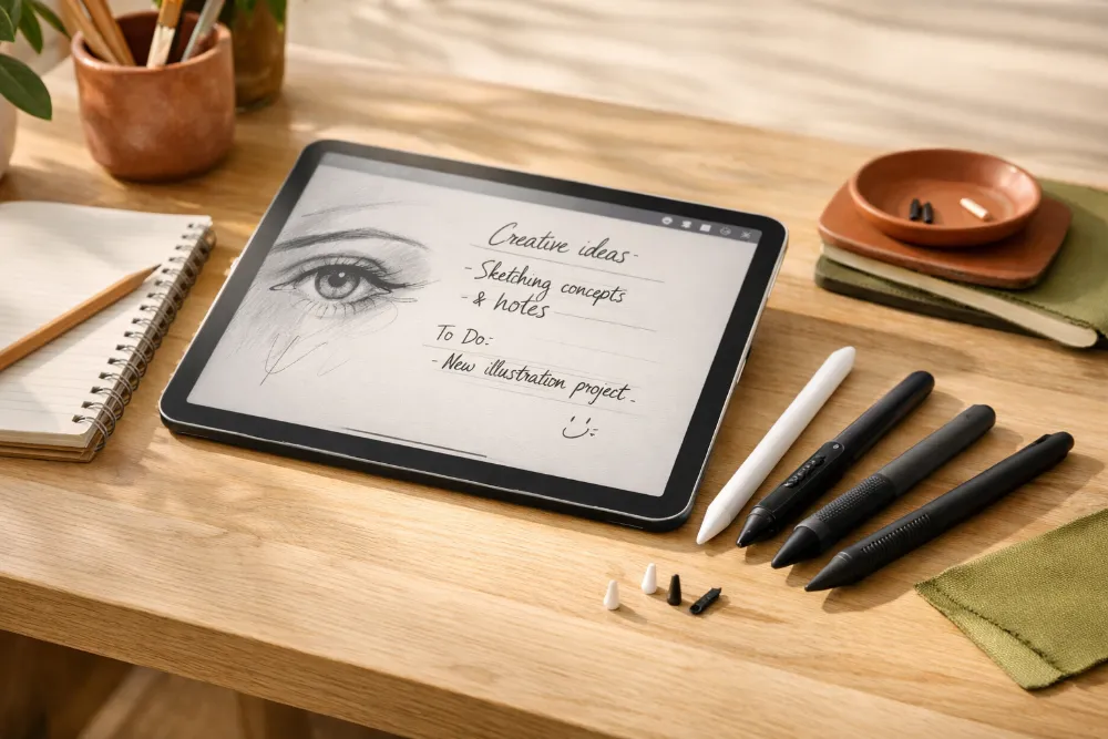 Планшет з ескізом і рукописним текстом, кілька стилусів, олівець і блокнот на світлому творчому робочому столі