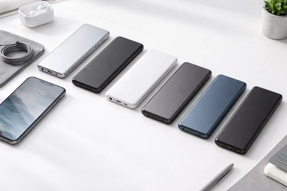 Сім ультратонких павербанків на світлому столі поруч зі смартфоном, що підкреслює компактність і дизайн