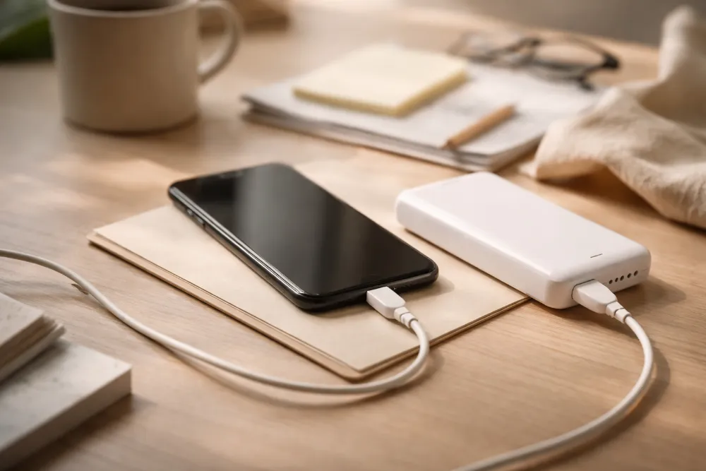 Смартфон і павербанк на столі — перевірка зарядки Смартфон підключений до павербанка кабелем на столі при денному світлі, ситуація коли зарядка не починається