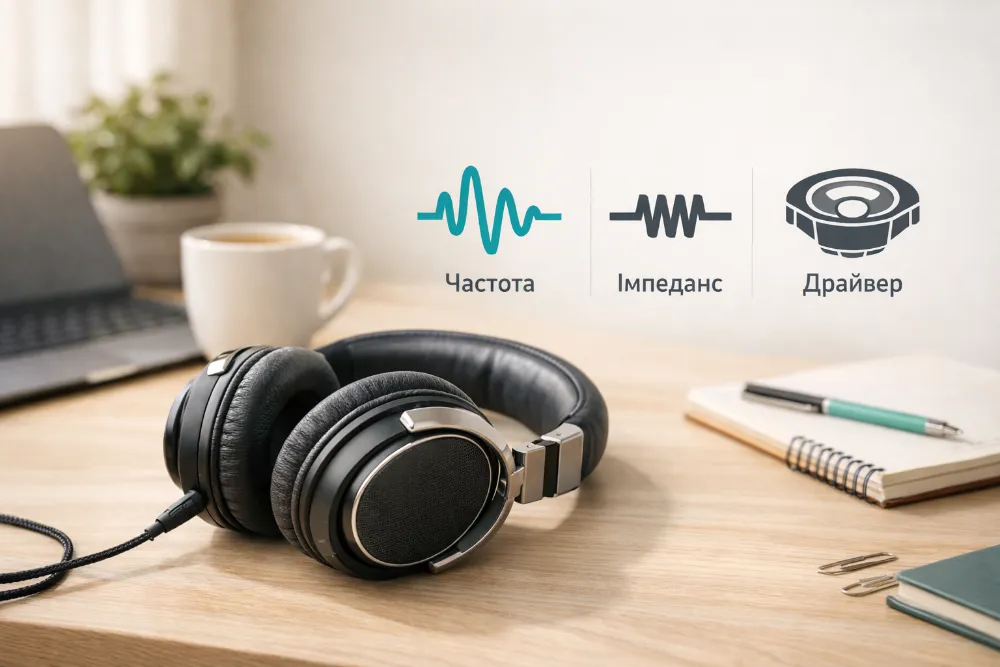 Навушники на світлому робочому столі зі схемою частоти, імпедансу та драйвера простими іконками
