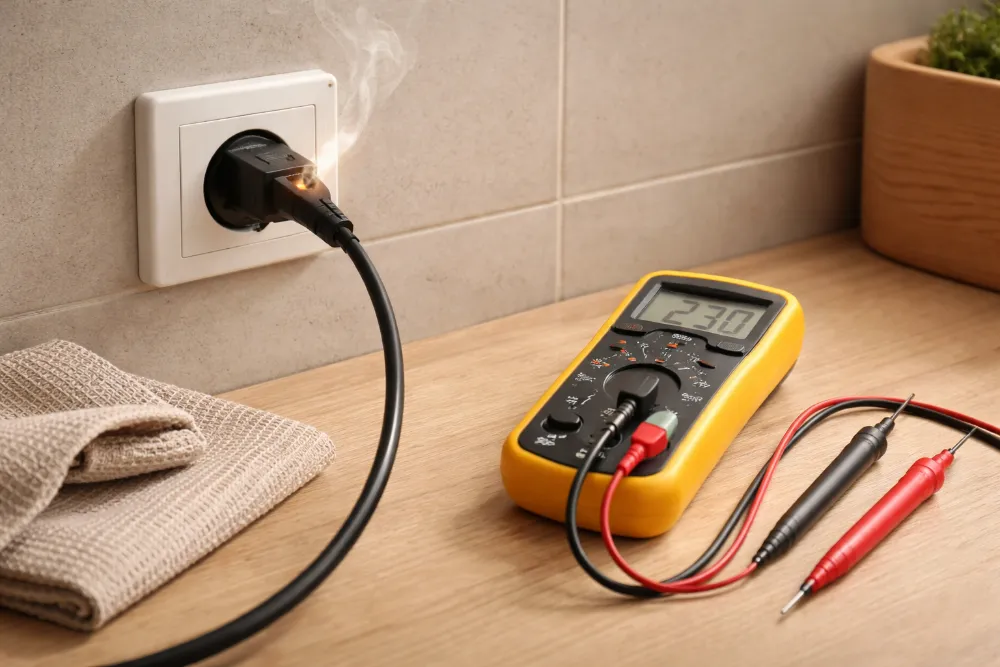 Нагрівання вилки в розетці під час перевірки електромережі Електрична розетка з увімкненою вилкою та мультиметром на кухні під час перевірки безпеки