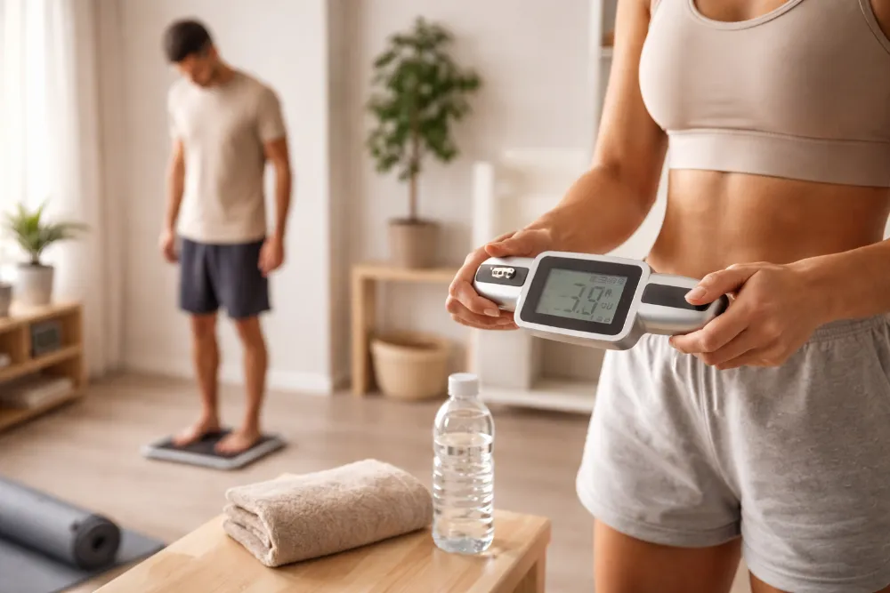 Вимірювання жирової маси тіла вдома за допомогою аналізатора Людина вимірює жирову масу тіла вдома на цифрових вагах і портативному аналізаторі поруч із рушником та водою