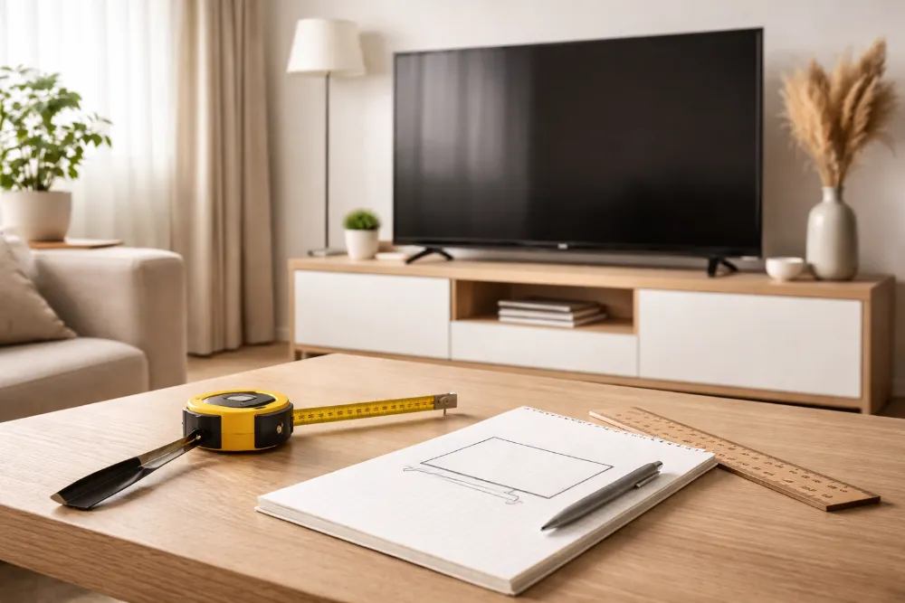 Телевізор на тумбі у світлій вітальні, рулетка та нотатки на столі для вимірювання діагоналі екрана