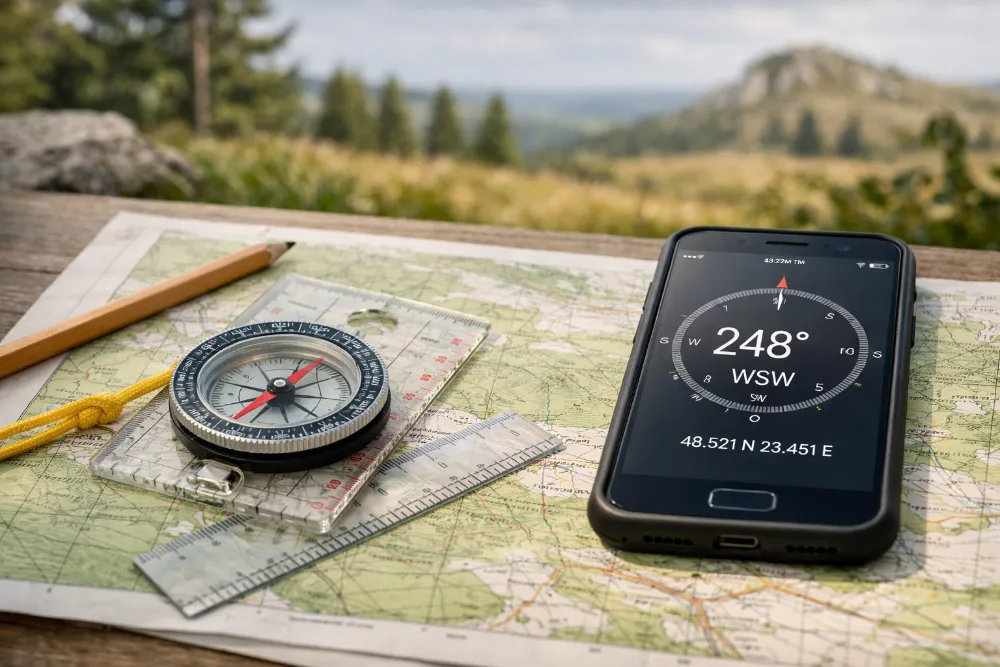 Компас поруч із картою, лінійкою та смартфоном як приклад вимірювання азимуту на місцевості