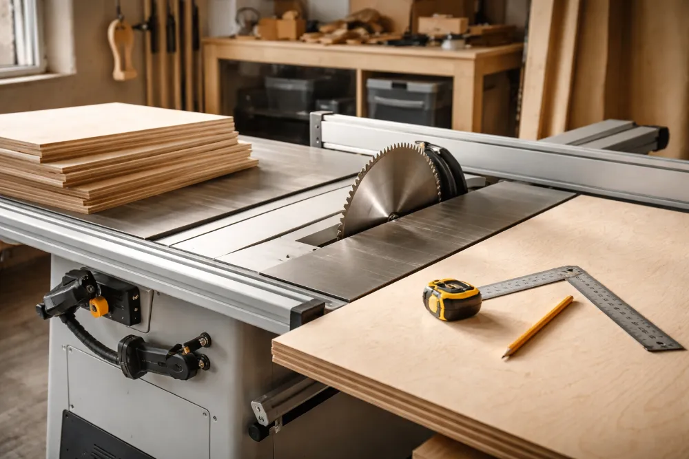 Верстат для точного розпилу фанери в майстерні Станок для точного розпилу фанери у майстерні з фанерними листами, рулеткою та олівцем на робочому столі