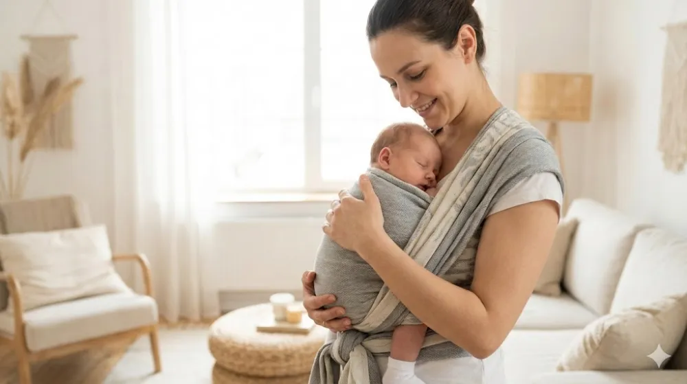 Як вибрати слінг: молода мама тримає немовля у тканому шарфі Жінка у світлій кімнаті тримає новонароджену дитину в сірому слінгу-шарфі з дотриманням правильної фізіологічної позиції