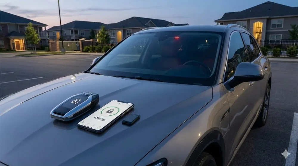 Сучасна охоронна система зі смартфоном та міткою на капоті автомобіля в сутінках