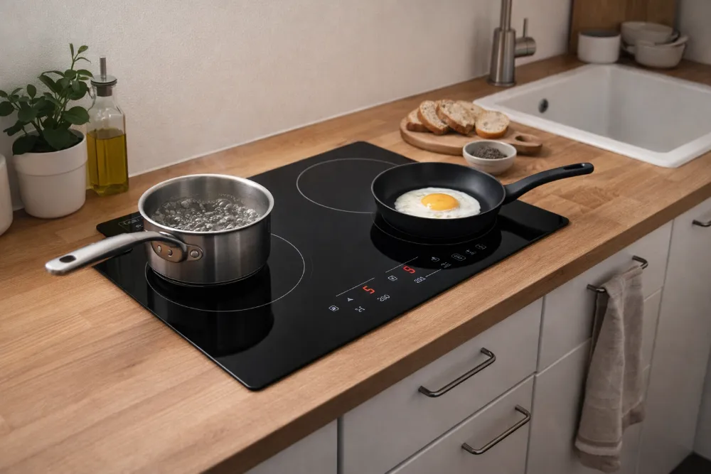 Чорна індукційна плита на 2 конфорки з посудом на дерев'яній стільниці в компактному інтер'єрі кухні.