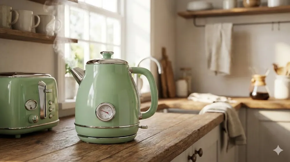 Пастельний зелений електрочайник у ретро-стилі з термометром і парою на дерев'яній стільниці поруч із тостером