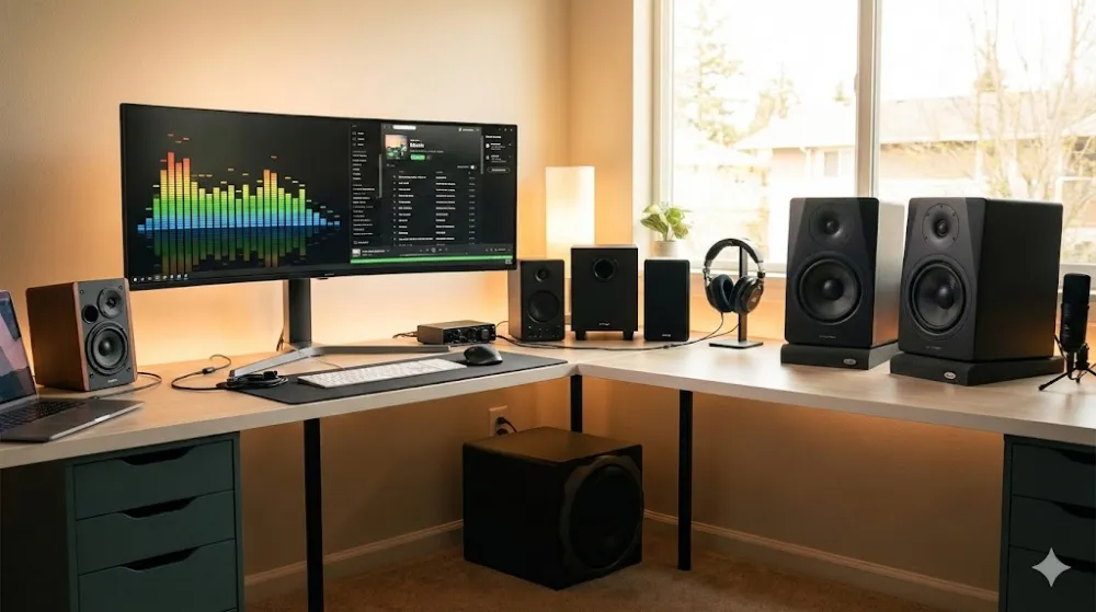 Сучасне робоче місце з різними акустичними системами для ПК Робочий стіл з різними акустичними системами для ПК: від компактних колонок до студійних моніторів і сабвуфера