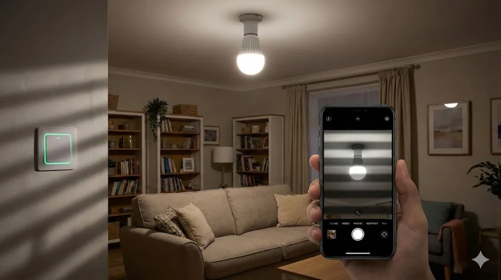 Як перевірити мерехтіння світлодіодної лампи смартфоном Рука тримає смартфон, камера якого направлена на стельову LED-лампу. На екрані видно смуги, що свідчать про мерехтіння світла