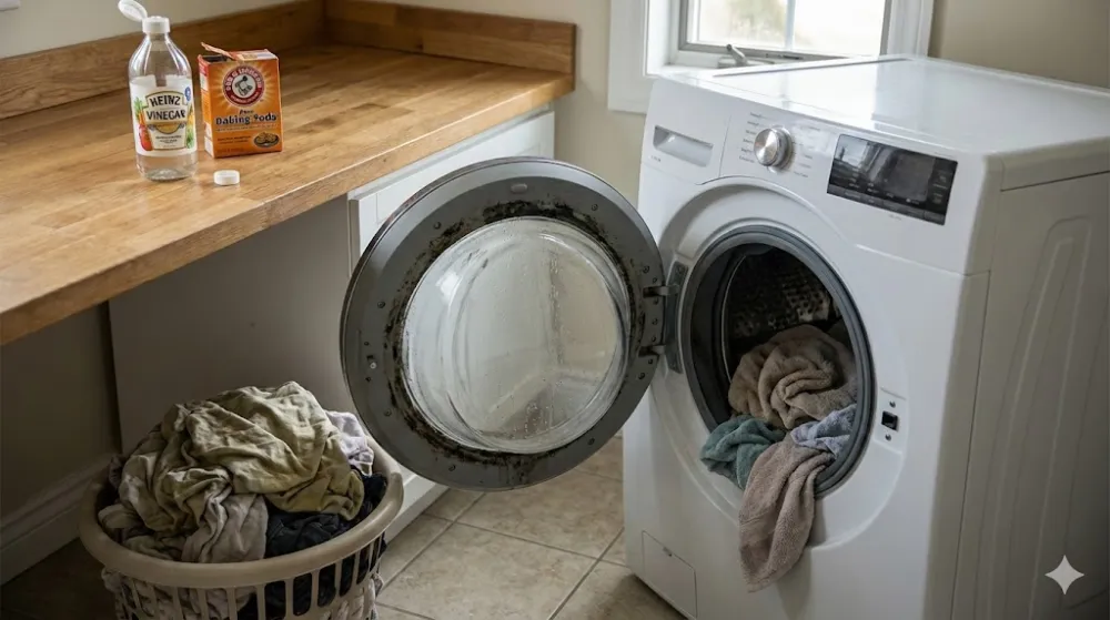 Відкрита пральна машина з пліснявою на манжеті. Поруч кошик з білизною, на столі оцет і сода для чищення