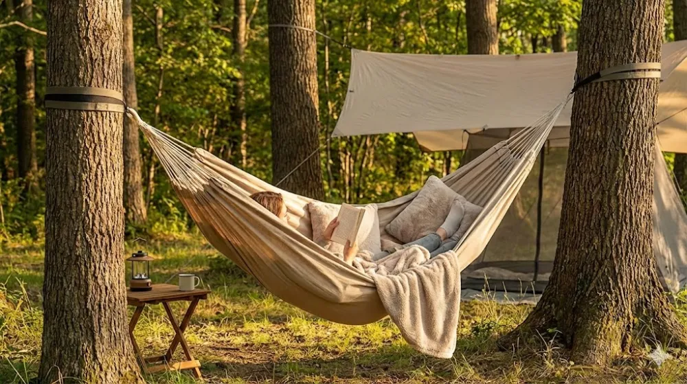 Затишний відпочинок та використання гамака в лісі серед дерев Дівчина відпочиває в бежевому гамаку з книгою та подушками в лісі, підвішеному на надійних ременях до дерев