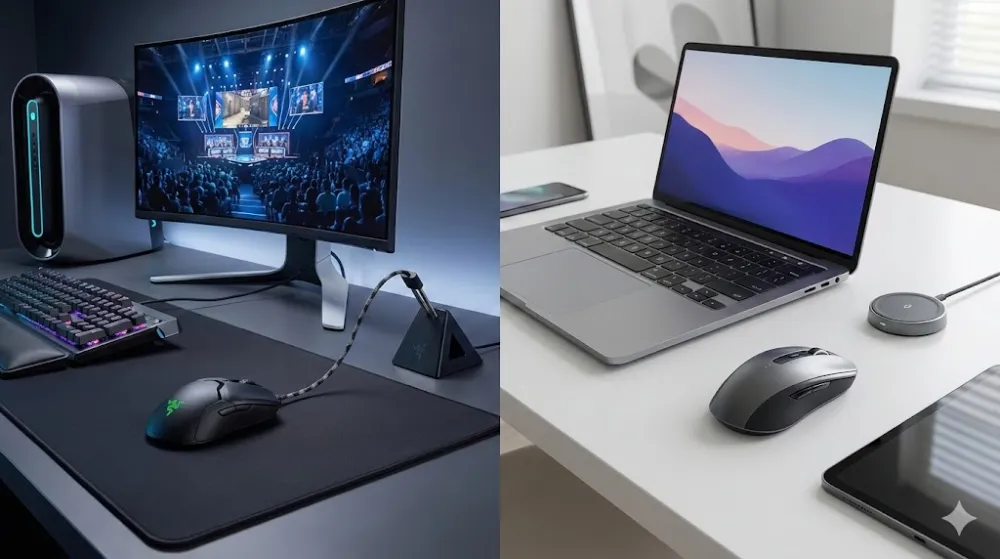 Чорна дротова геймерська миша Razer Viper Mini Signature Edition з підсвіткою на чорному килимку поруч із відкритим ноутбуком