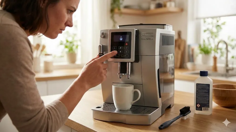 Жінка перевіряє кавомашину DeLonghi, яка не подає воду. На столі стоять щітка та засіб для декальцинації