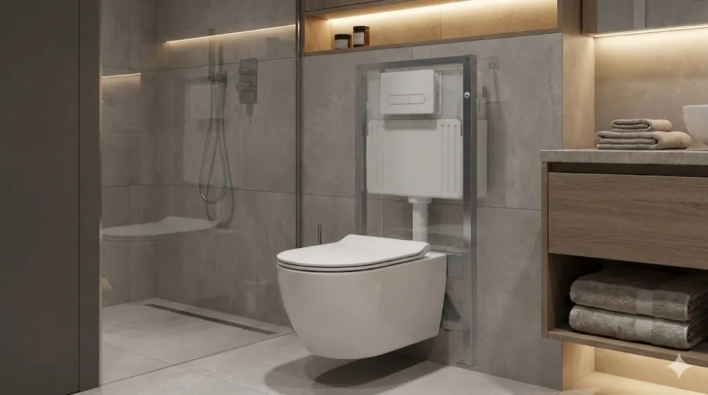 Фотографія підвісного унітаза в інтер'єрі, де крізь прозору стіну видно приховану раму та бачок системи інсталяції.