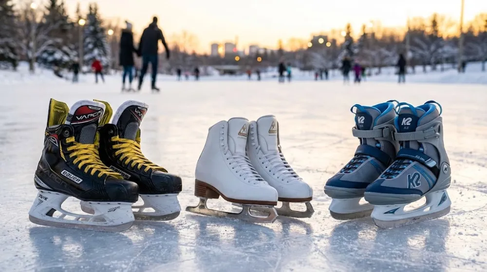 Типи ковзанів: хокейні, фігурні та прогулянкові моделі на льоду Хокейні, фігурні та прогулянкові ковзани стоять на льоду відкритої ковзанки на заході сонця