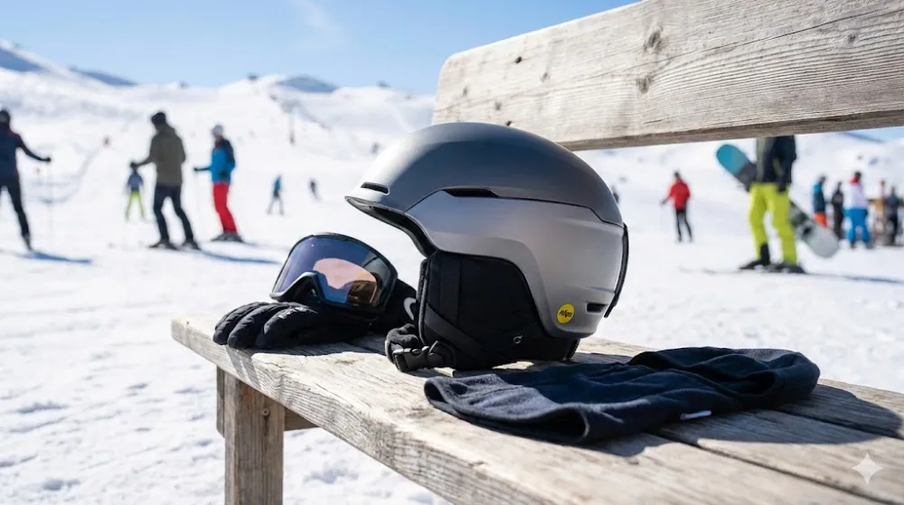 Сірий шолом MIPS, лижна маска, рукавиці та бафф на дерев'яній лавці на фоні сонячного схилу з лижниками