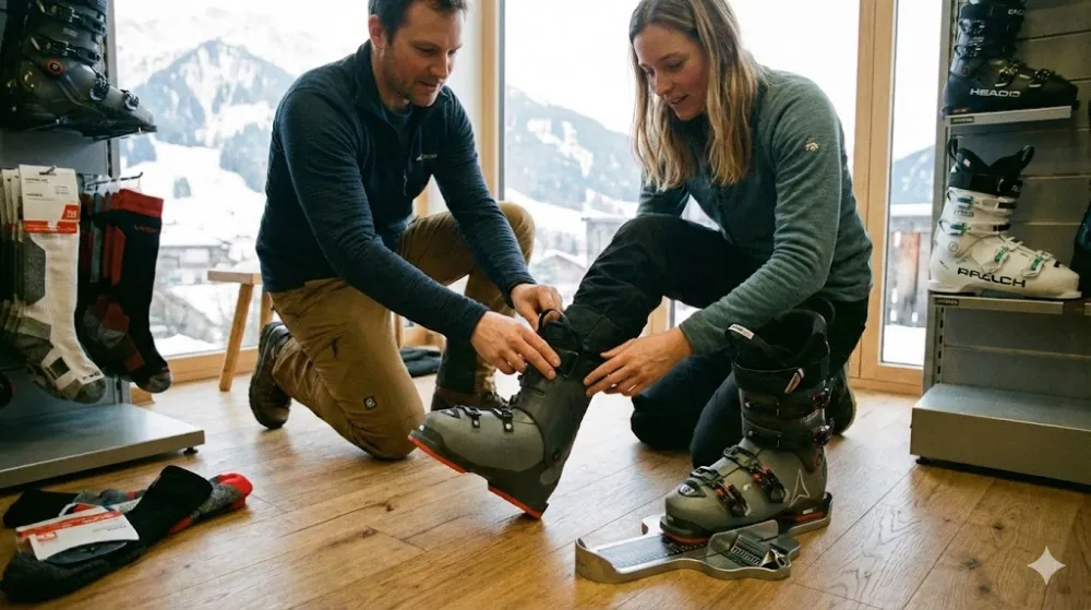 Процес примірки гірськолижних черевиків у магазині: консультант допомагає жінці, поруч лежить вимірювач стопи, на фоні гори