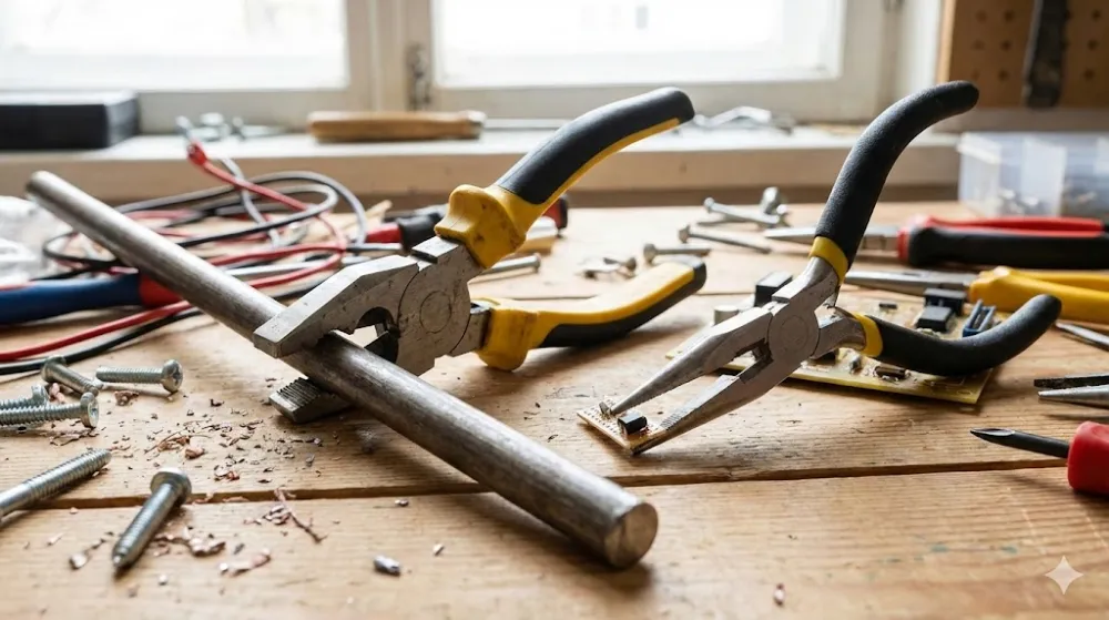 Плоскогубці тримають товстий металевий прут, а довгогубці — дрібний компонент на платі на робочому верстаку