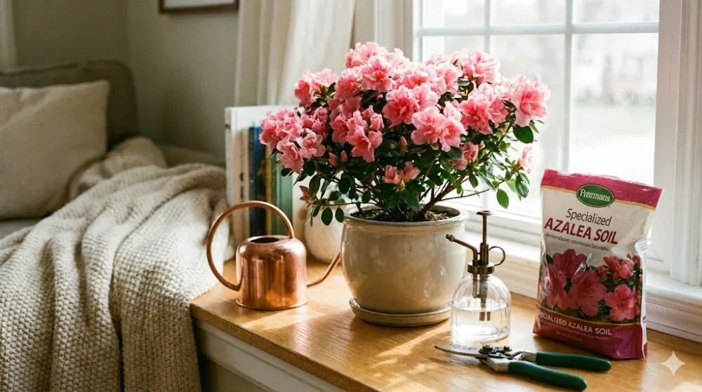 Рожева азалія в горщику на вікні поруч із лійкою, пульверизатором та пакетом спеціального ґрунту.