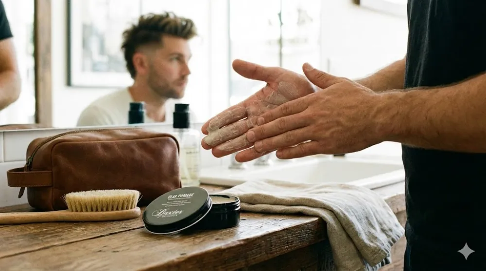 Чоловік розтирає в долонях глину для волосся Baxter of California перед стайлінгом у ванній