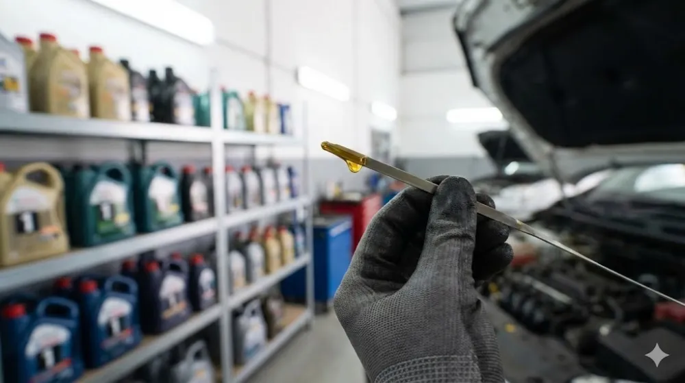 Рука майстра в рукавичці тримає масляний щуп із краплею свіжого масла на фоні полиць із каністрами та відкритого капота