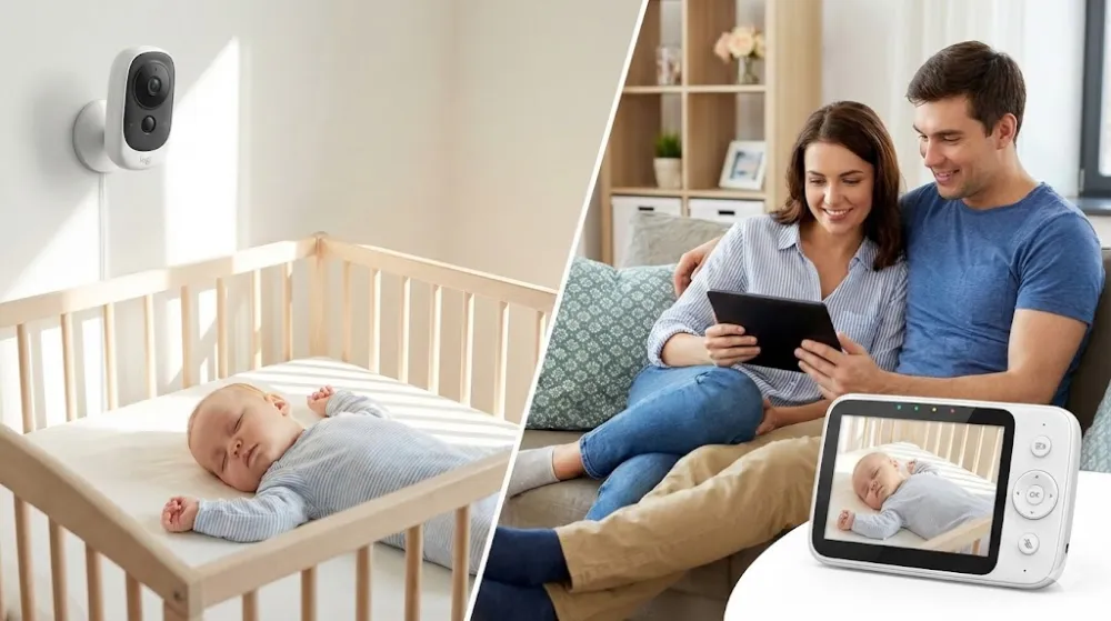 Батьки спостерігають за сплячим немовлям через відеоняню на планшеті та моніторі, перебуваючи в іншій кімнаті